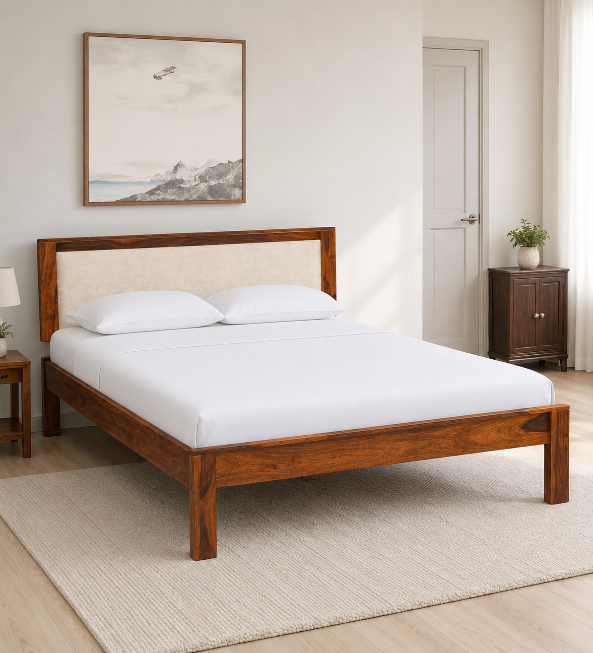 Kairo Elegant Solid Sheesham Wood Double Bed with Soft Headboard
