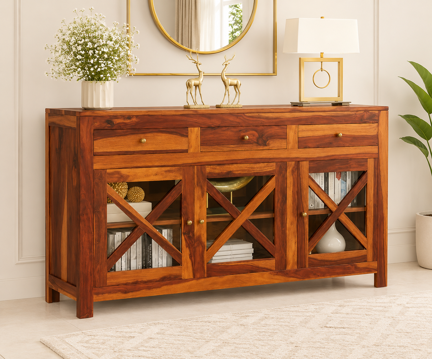 Aaranya Solid Sheesham Wood Storage Cabinet in Honey Finish