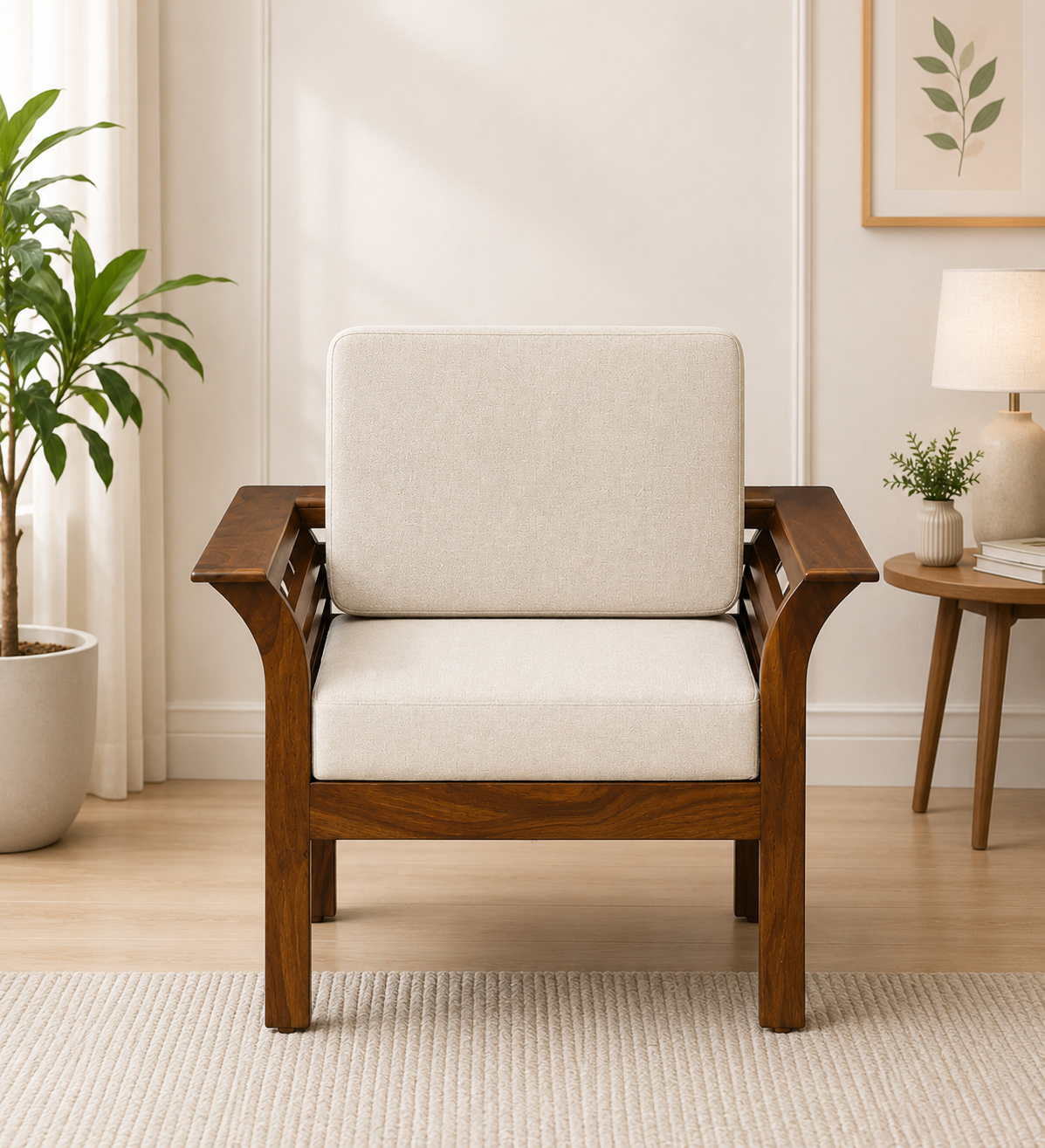 Alton Sheesham Wood 1 Seater Sofa with Premium Cushioned Seating in Honey Oak Finish
