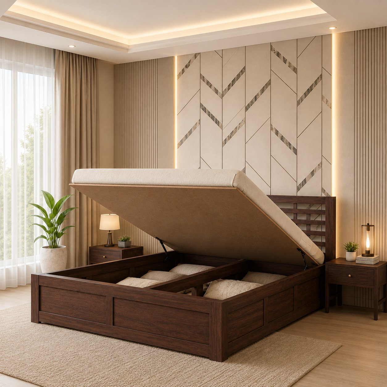 Alverto Solid Wood King Size Bed in Walnut Finish with Modern Design