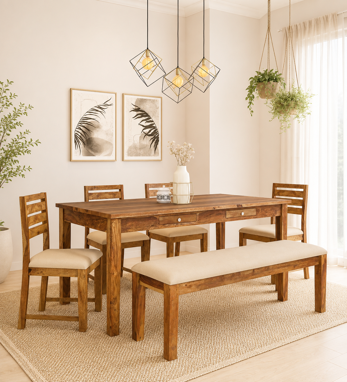 Aranya Craft Solid Sheesham Wood 6 Seater Dining Table Set in Walnut Finish