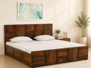 Arvena Premium Solid Sheesham Wood Double Bed with Upholstered Headboard
