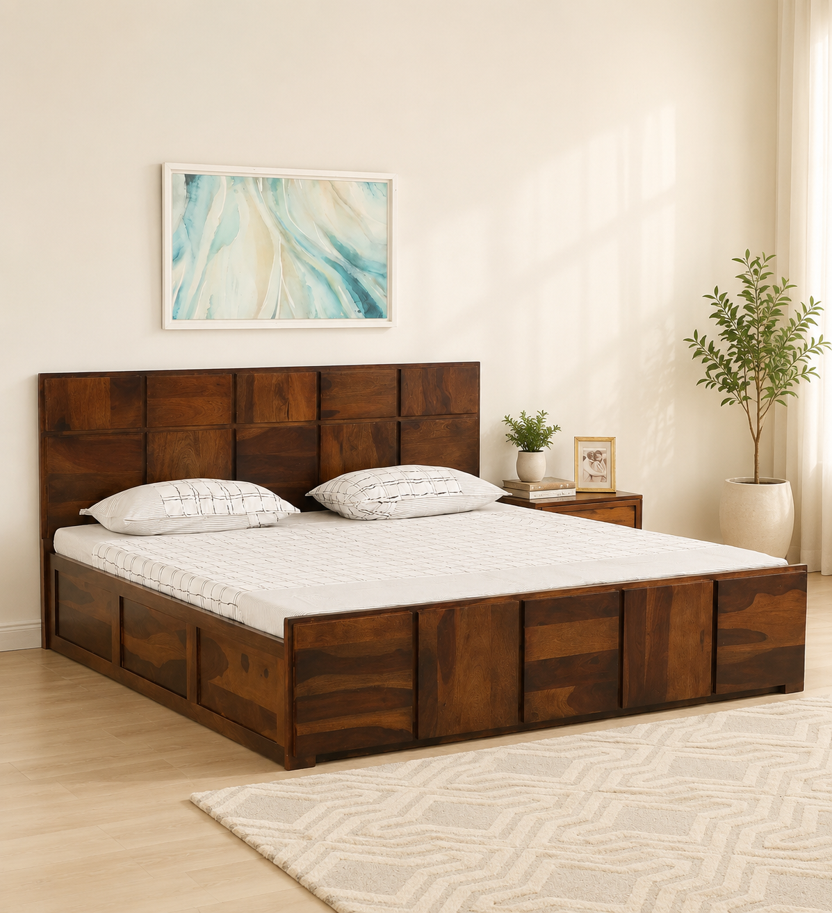 Arvena Premium Solid Sheesham Wood Double Bed with Upholstered Headboard