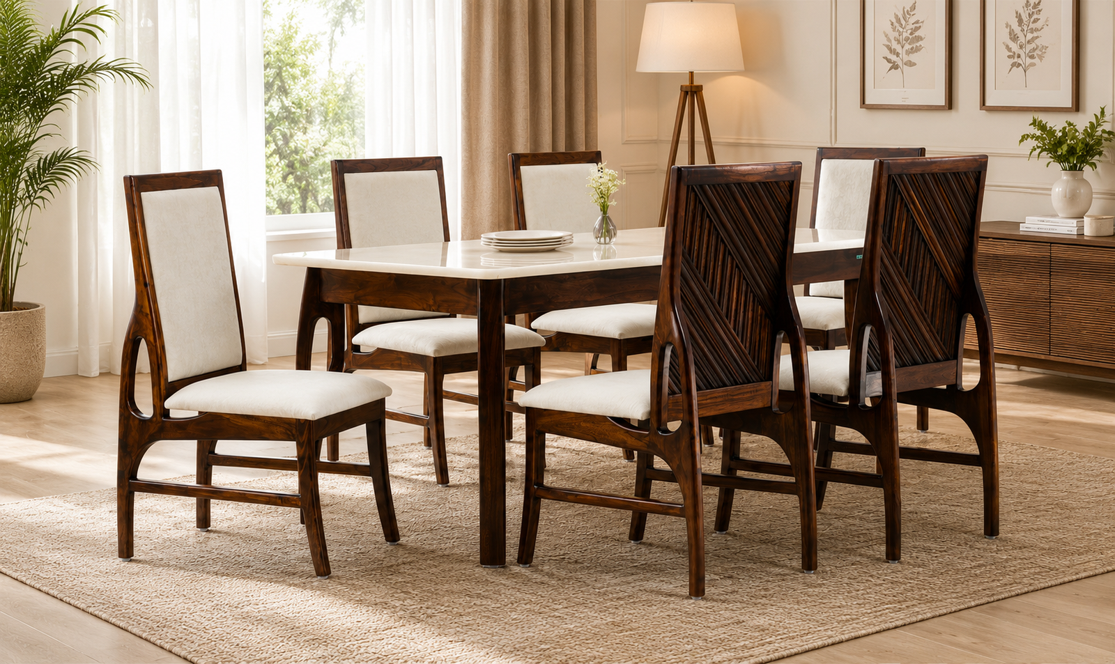 Ashford Sheesham Wood 6 Seater Dining Set In Scratch Resistant Rustic Mahogany Finish With Bench