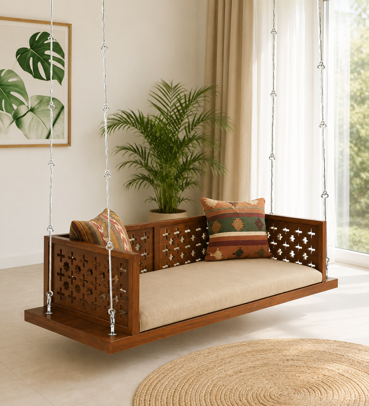 Aurena Premium Solid Sheesham Wood Wooden Swing for Home Décor