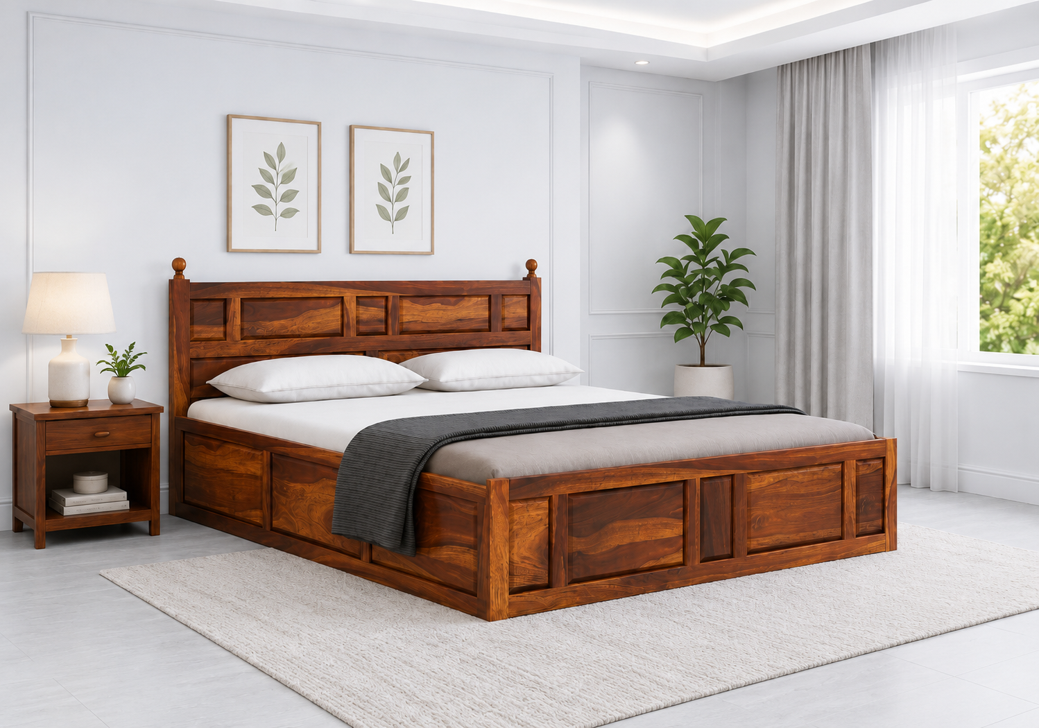 Aurora Luxury Sheesham Wood Bed with Smart Storage Design