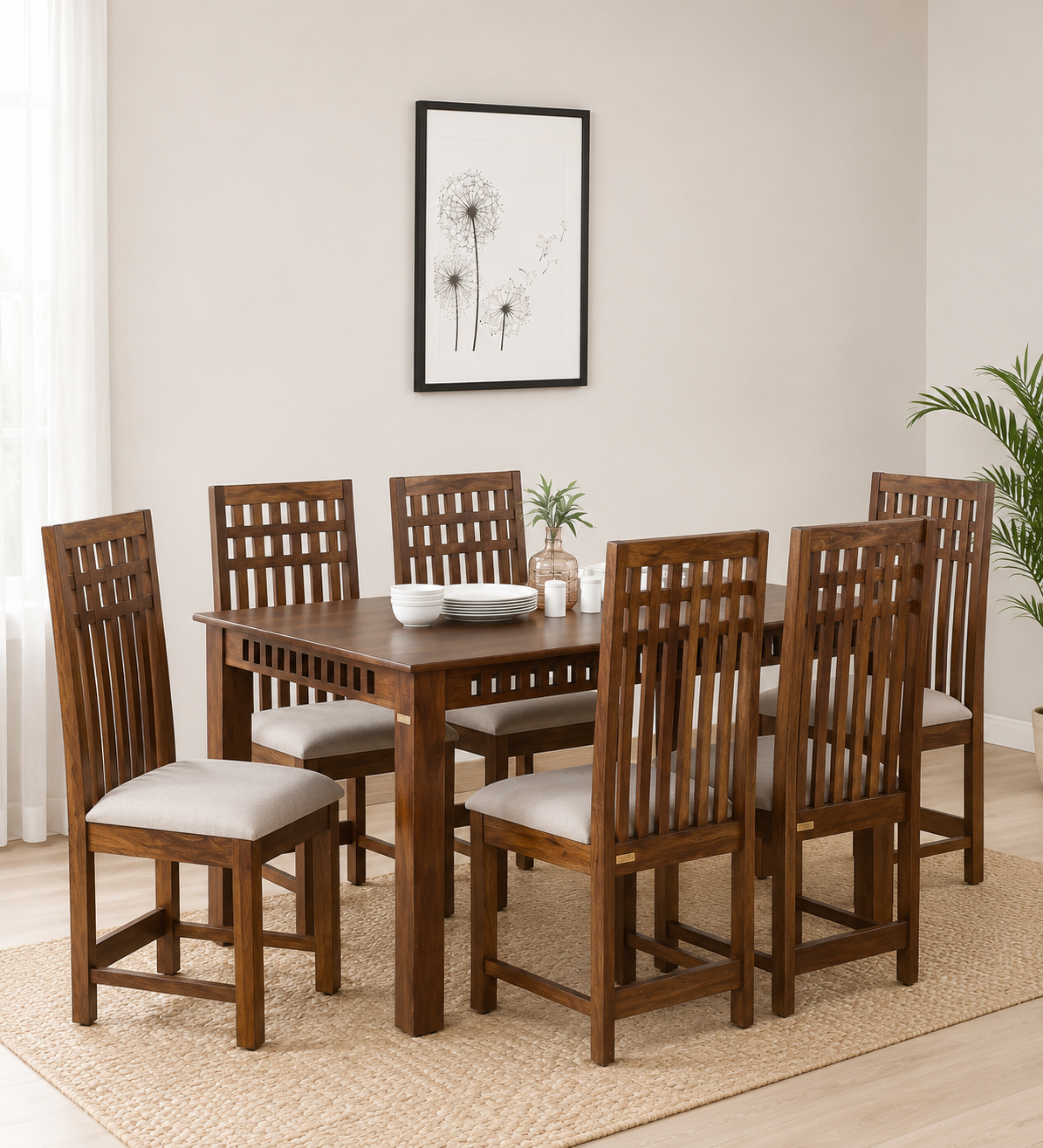 Avelino Solid Sheesham Wood 6 Seater Dining Set in Rustic Walnut Finish