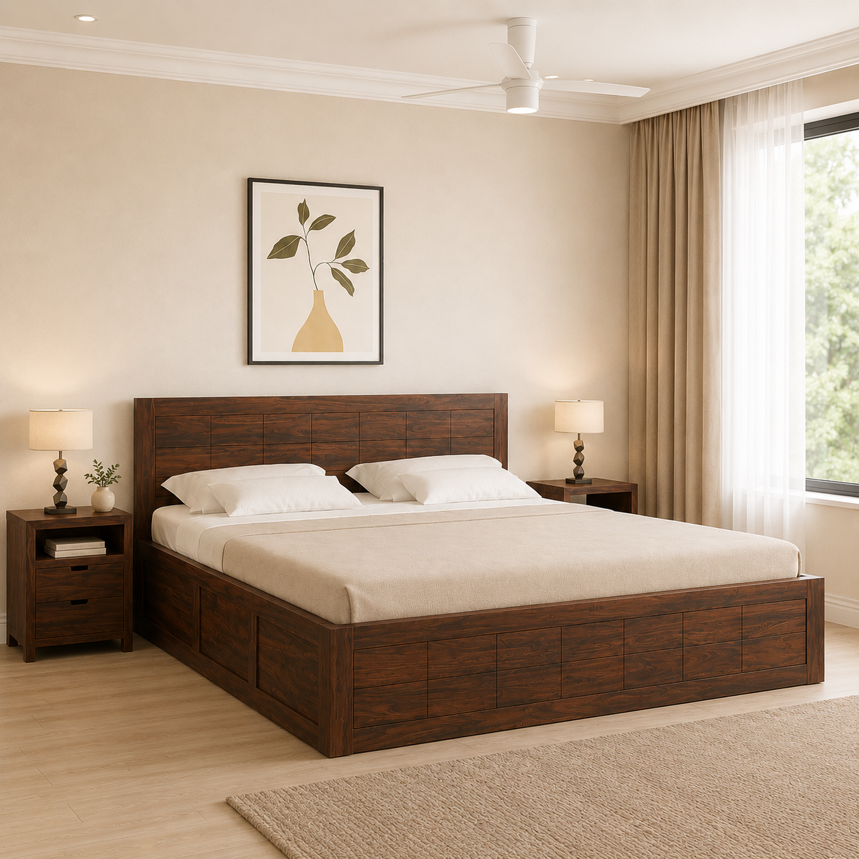 Aviora Solid Sheesham Wood Bed with Premium Wooden Craftsmanship in Walnut Finish