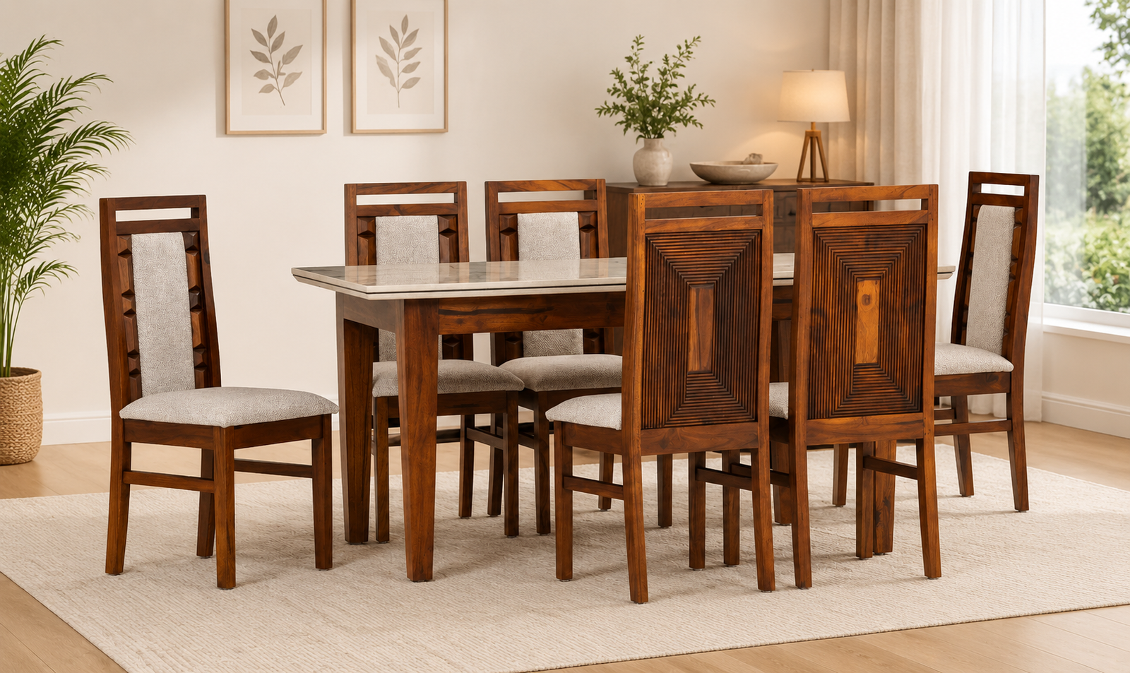 Belmore Solid Wood 6 Seater Dining Set In Termite Resistant Natural Teak Finish With Bench