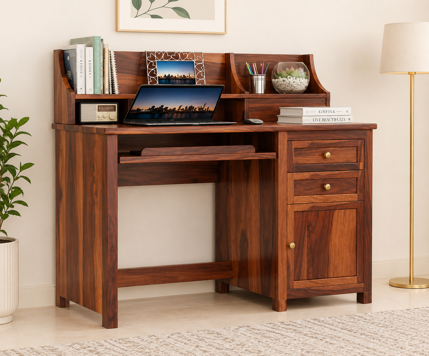 Bravelle Handcrafted Sheesham Wood Study Table with Drawer Storage