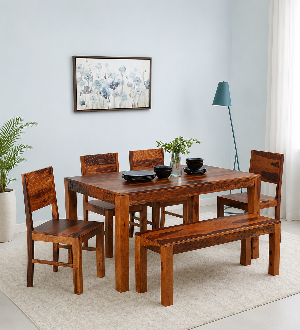Bravon Handcrafted Solid Sheesham Wood 6 Seater Dining Set