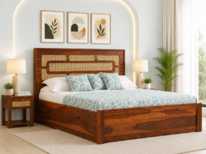 Calidora Premium Wooden Bed with Modern Headboard Design