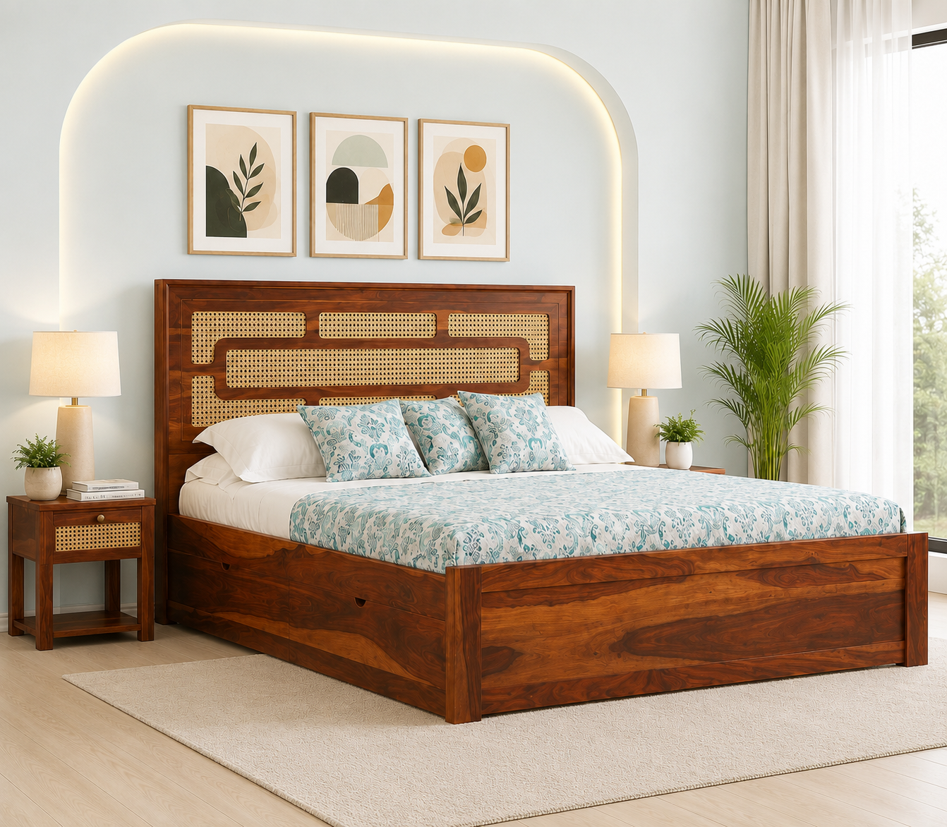 Calidora Premium Wooden Bed with Modern Headboard Design