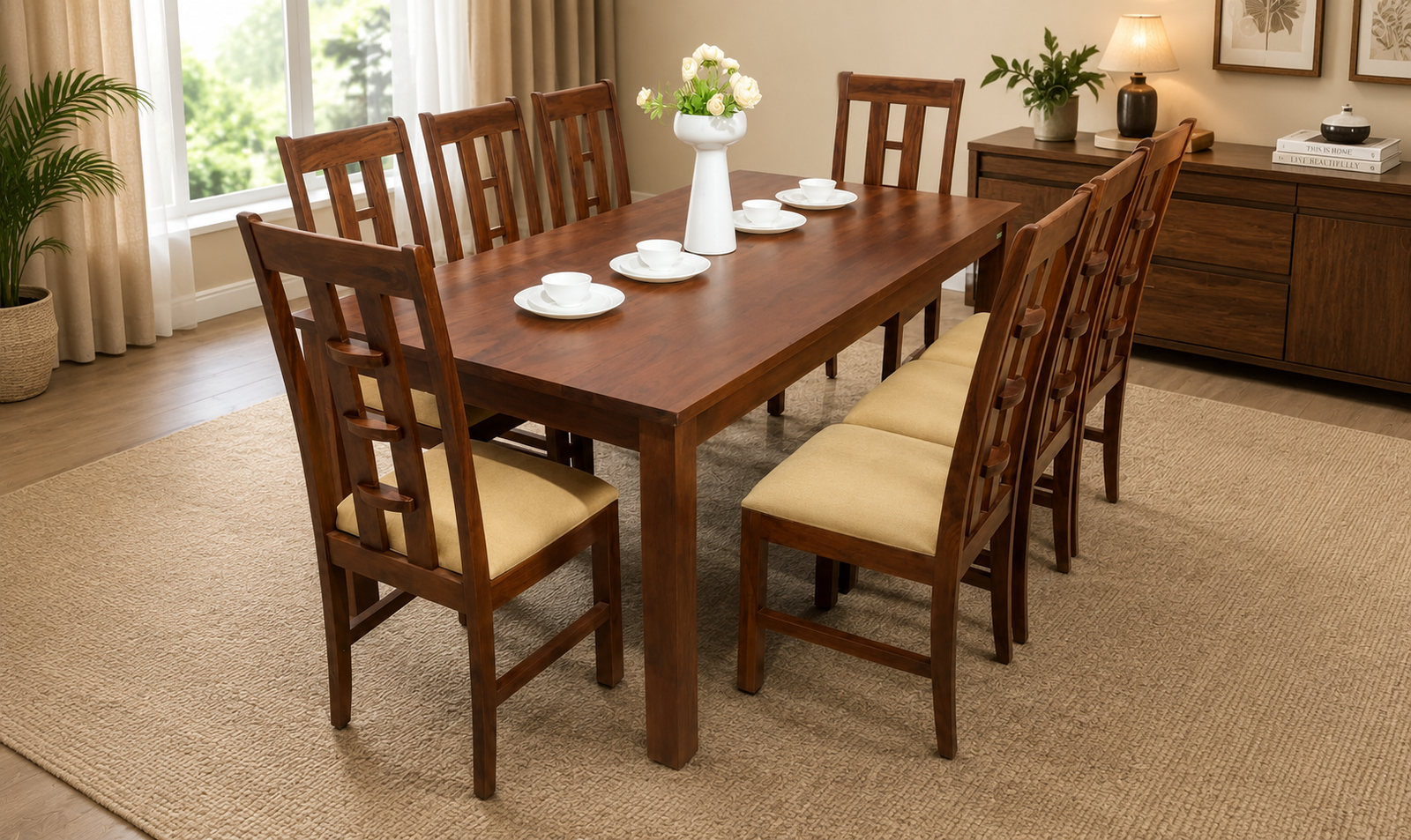 Castellan Sheesham Wood 6 Seater Dining Set In Scratch Resistant Walnut Brown Finish With Bench
