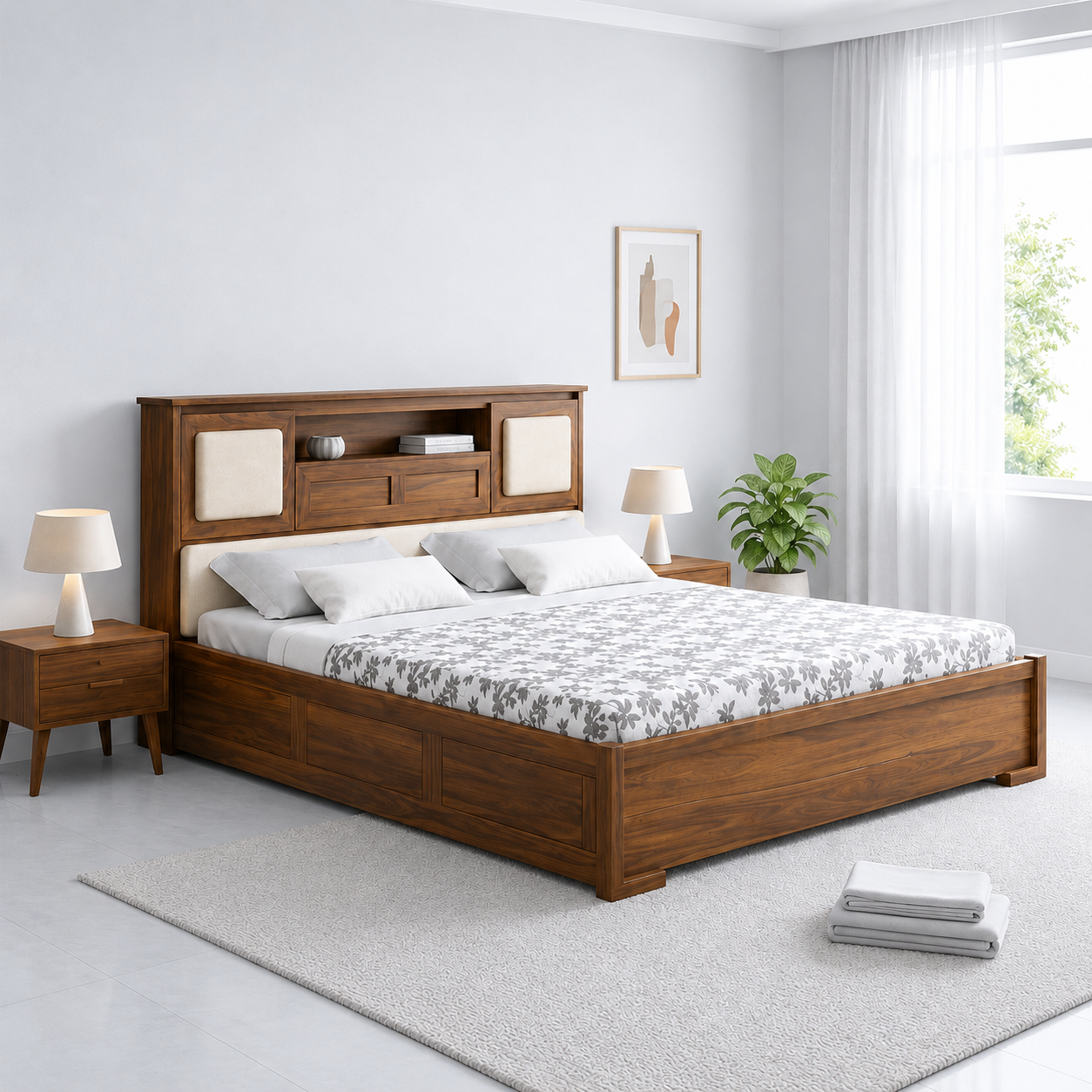 Cavira Premium Sheesham Wood Bed with Timeless Design in Honey Oak Finish