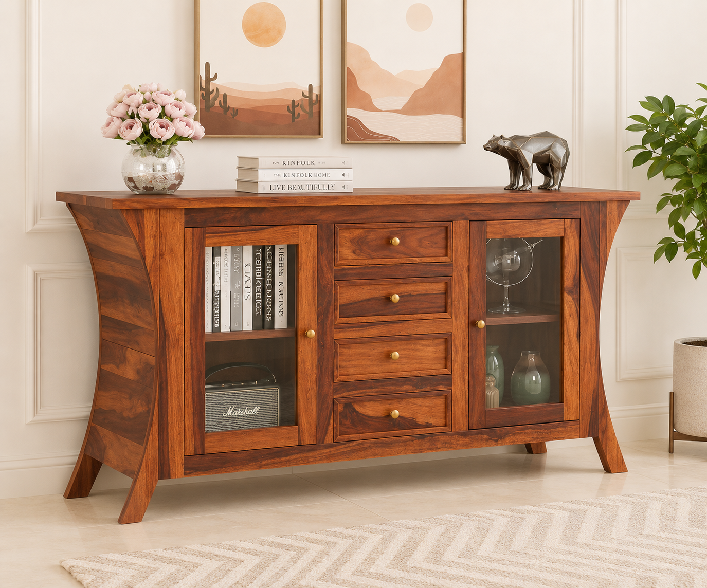 Cedarfield Solid Sheesham Wood Storage Cabinet in Natural Teak Finish