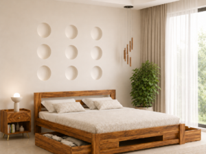 Celestia Solid Wood King Size Bed with Elegant Panel Headboard in Honey Oak Finish
