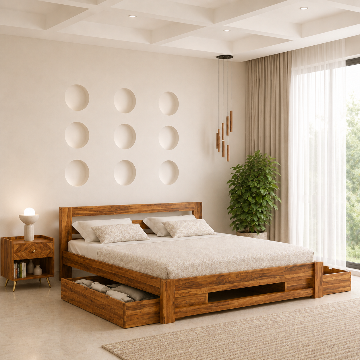 Celestia Solid Wood King Size Bed with Elegant Panel Headboard in Honey Oak Finish