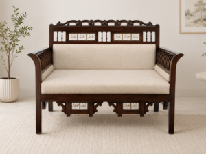 Classic Handcrafted Sheesham Wood 2 Seater Sofa with Premium Fabric Finish