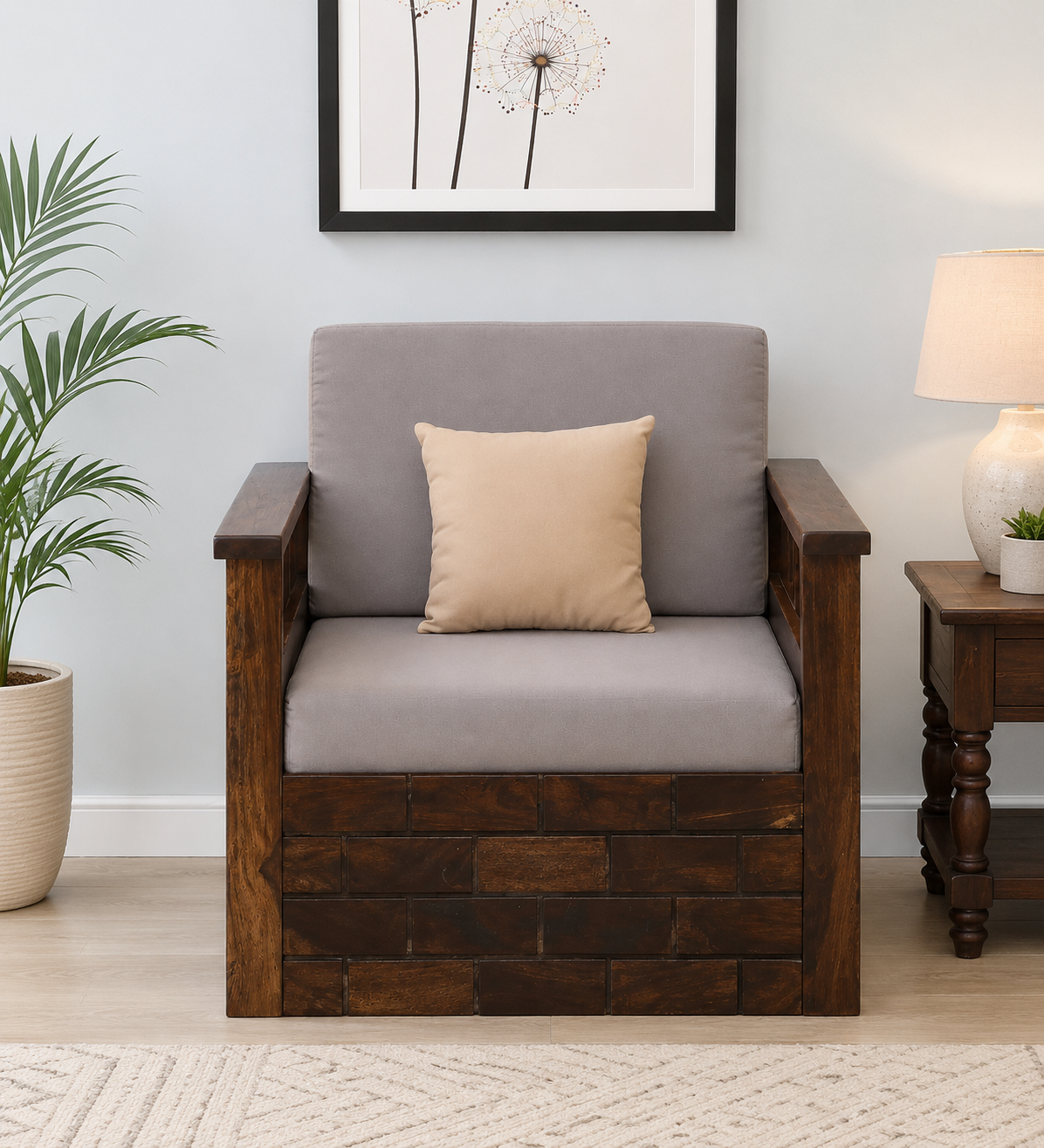 Classic Handcrafted Solid Wood 1 Seater Sofa with Premium Comfort Seating