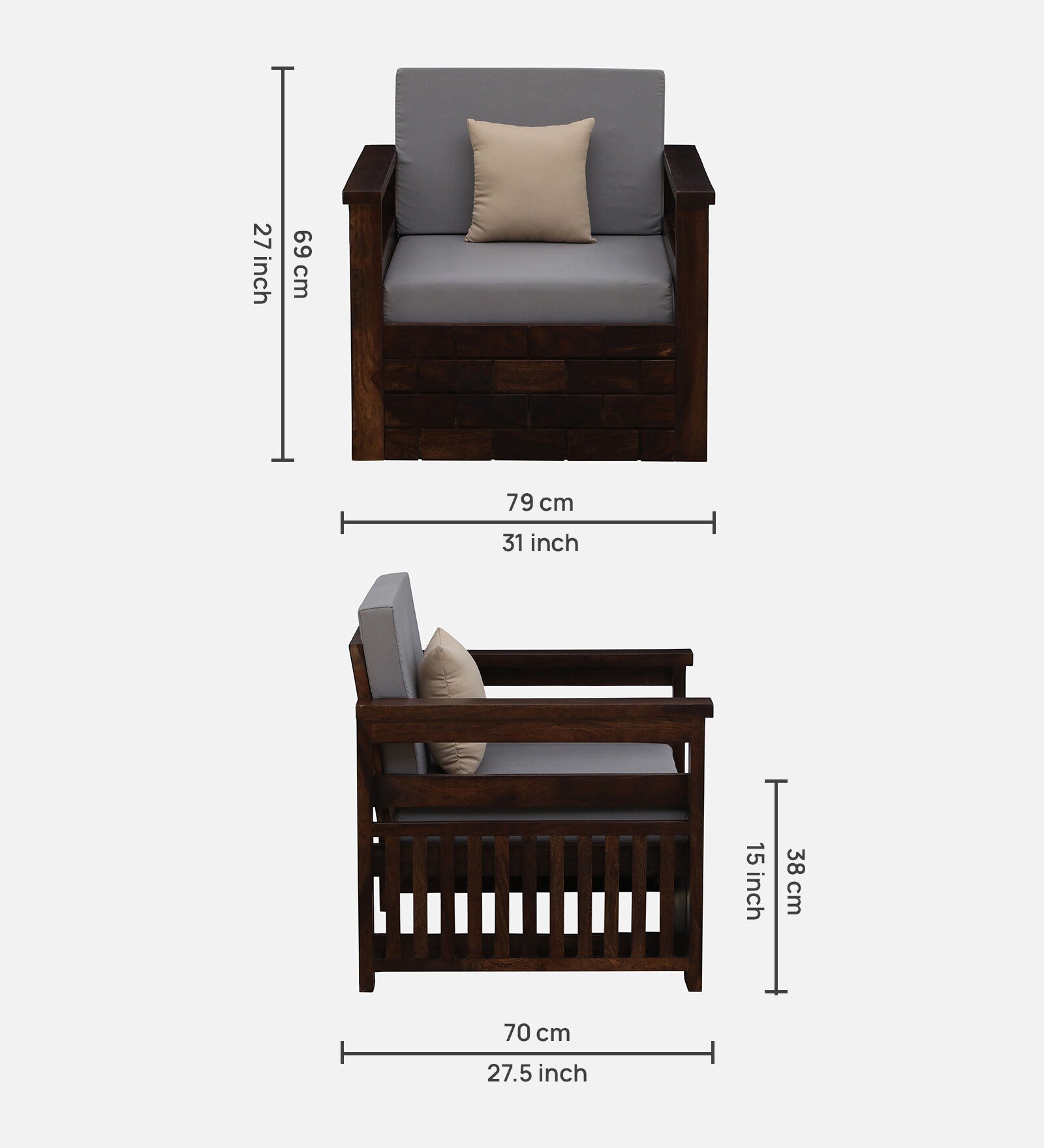 Classic Handcrafted Solid Wood 1 Seater Sofa with Premium Comfort Seating - Image 4