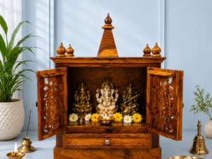 Classic Heritage Solid Wood Mandir with Storage Drawer and Cabinet Space