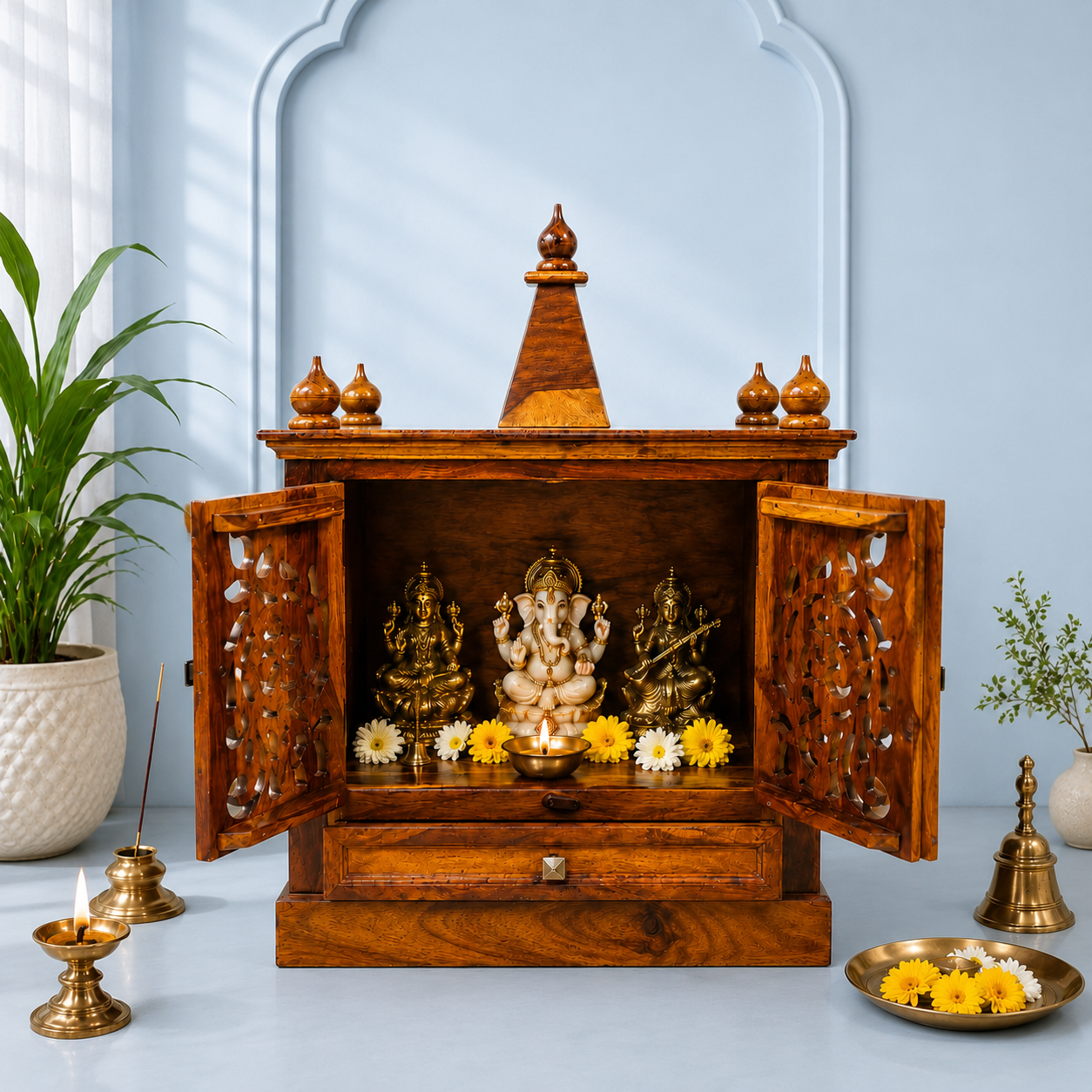 Classic Heritage Solid Wood Mandir with Storage Drawer and Cabinet Space