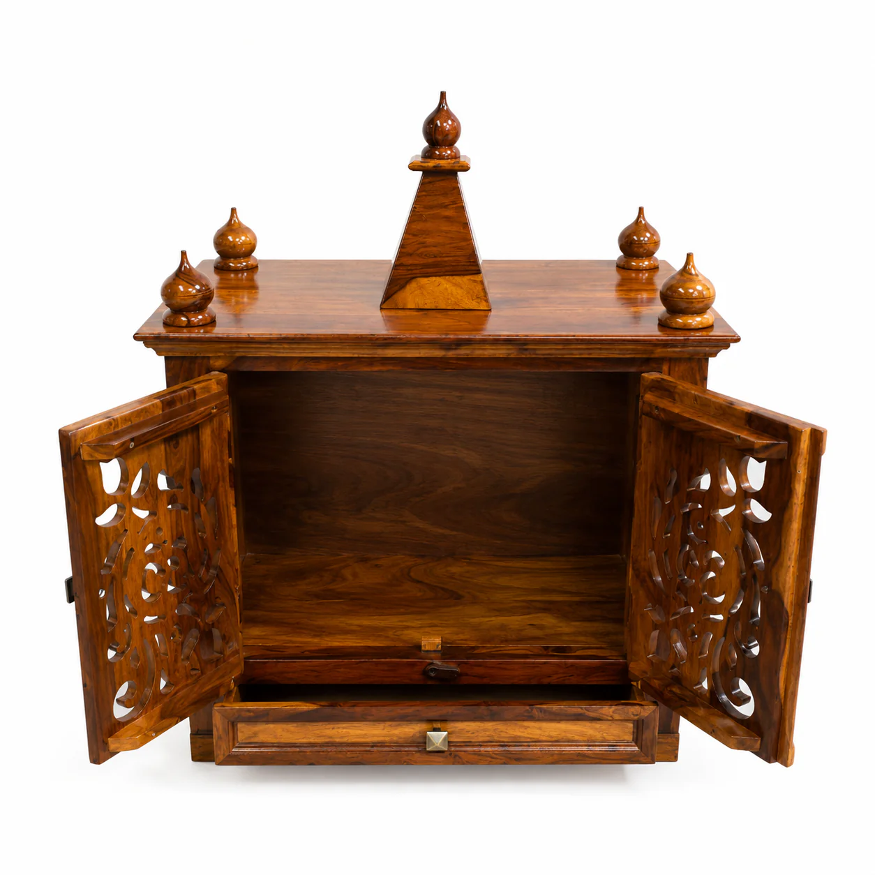 Classic Heritage Solid Wood Mandir with Storage Drawer and Cabinet Space - Image 2