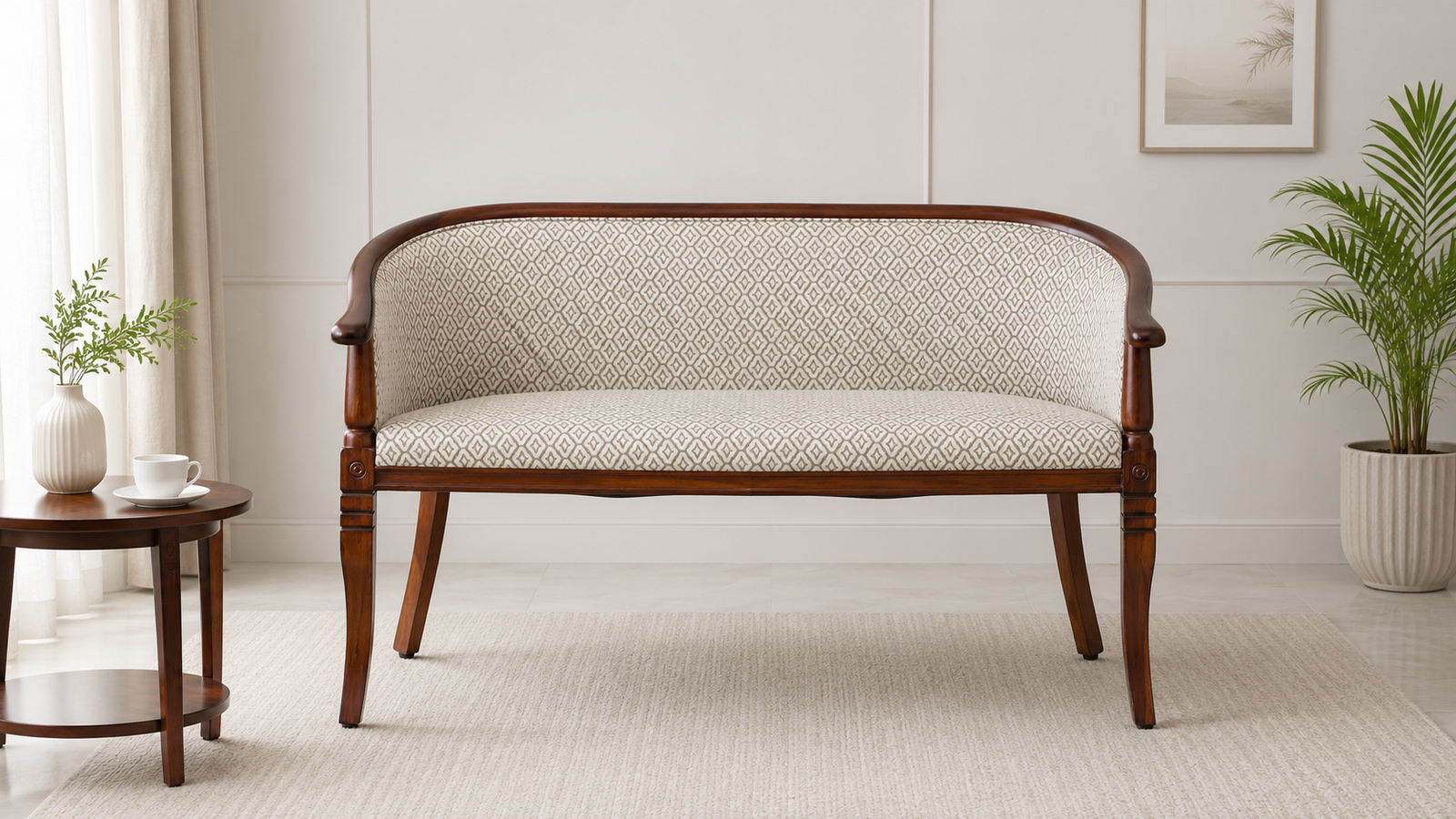 Contemporary Sheesham Wood 2 Seater Sofa in Natural Teak Finish with Plush Cushions