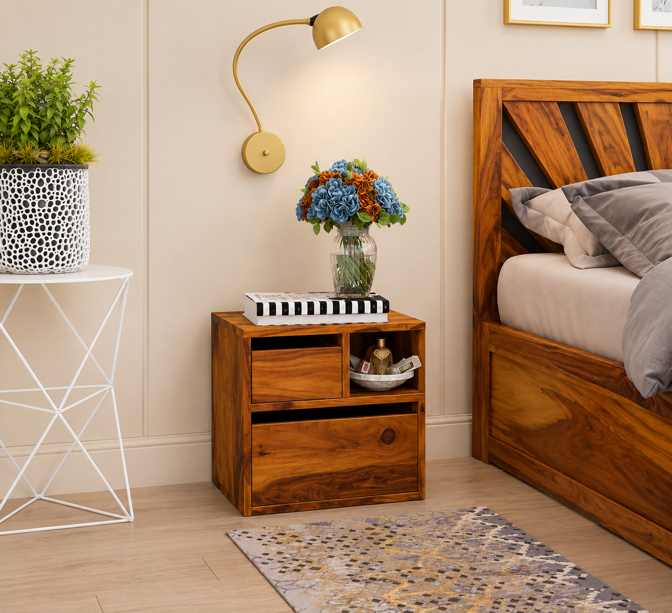 Contemporary Solid Sheesham Wood Bedside Table