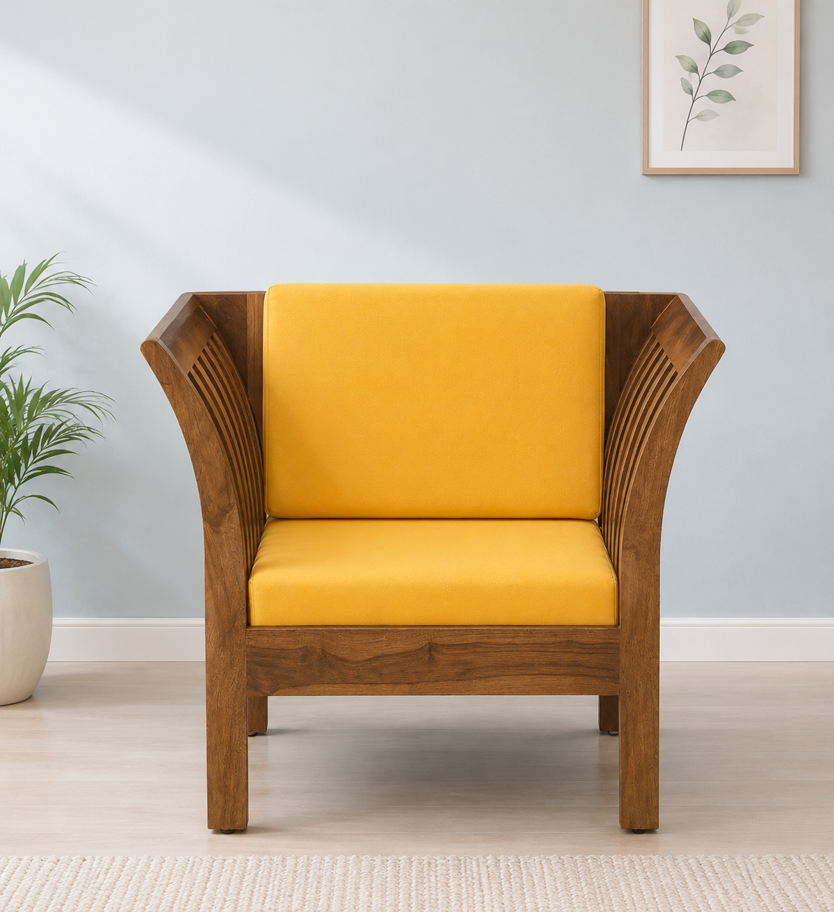 Contemporary Solid Wood 1 Seater Sofa in Natural Teak Finish with Plush Cushion