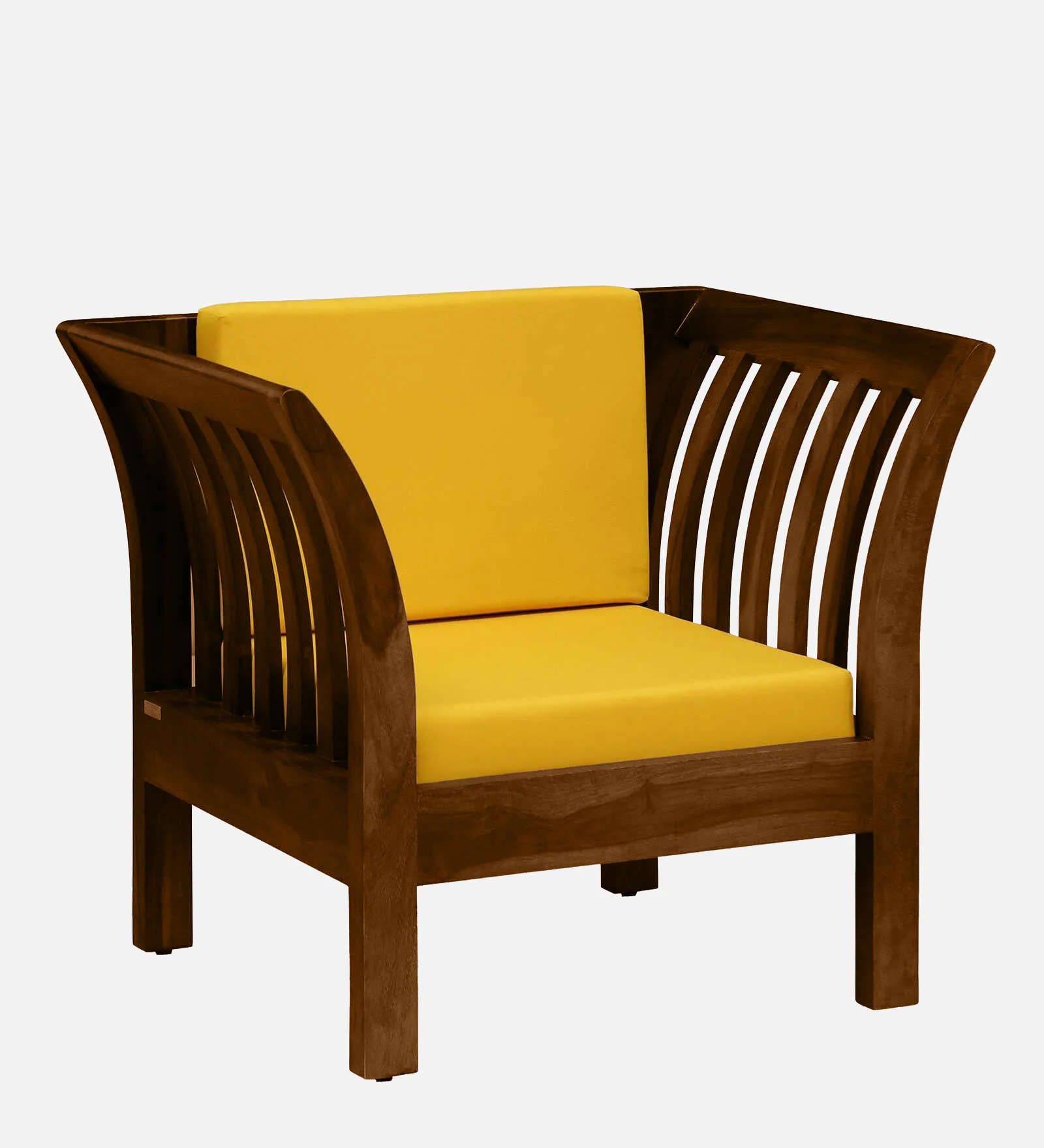 Contemporary Solid Wood 1 Seater Sofa in Natural Teak Finish with Plush Cushion - Image 2