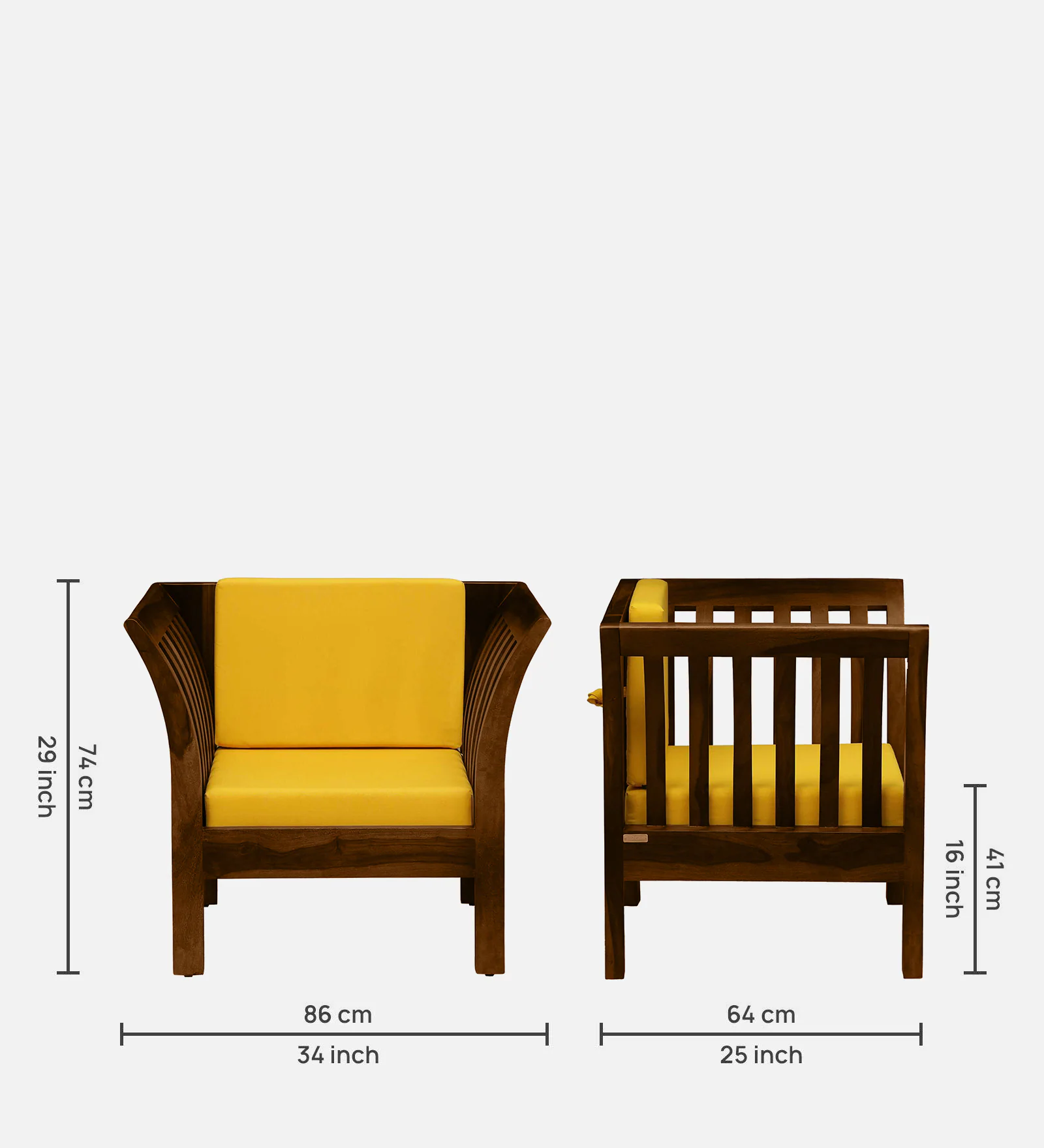 Contemporary Solid Wood 1 Seater Sofa in Natural Teak Finish with Plush Cushion - Image 4