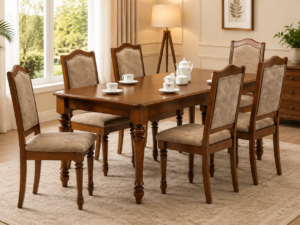 Danford Acacia Wood 6 Seater Dining Set In Weather Resistant Provincial Oak Finish With Bench