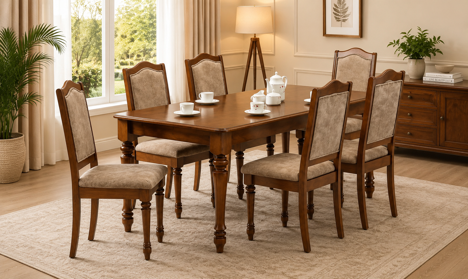 Danford Acacia Wood 6 Seater Dining Set In Weather Resistant Provincial Oak Finish With Bench