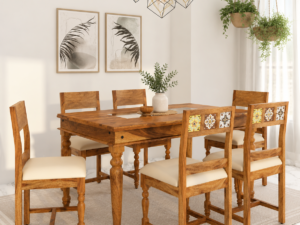 Denvaro Solid Sheesham Wood 6 Seater Dining Set in Chestnut Finish