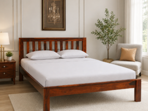 Denvora Luxury Solid Sheesham Wood Bed with Upholstered Backrest