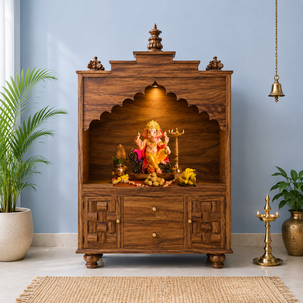 Divine Comfort Premium Wooden Temple with Spacious Storage and Shelves