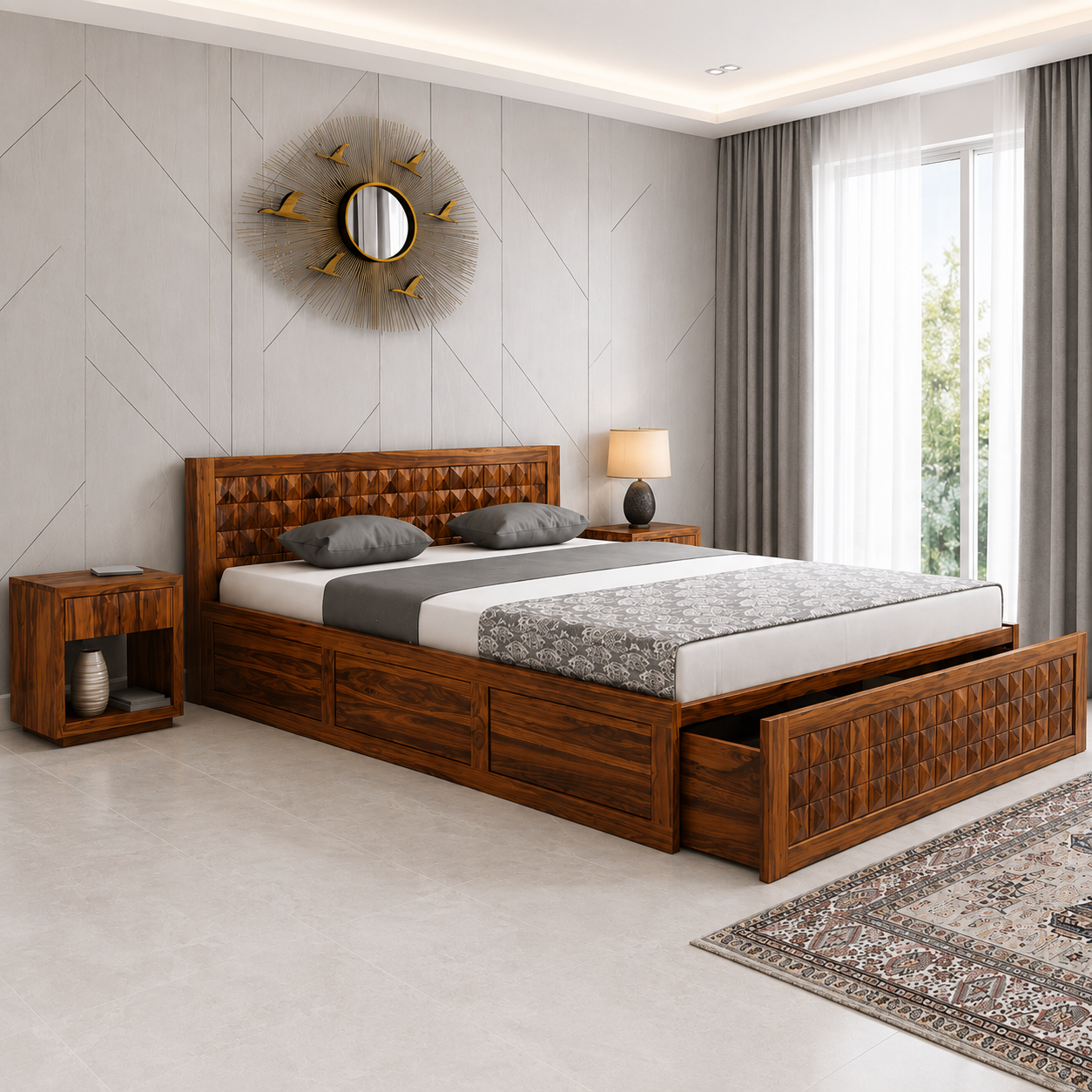 Dravik Premium Solid Wood Bed for Modern Bedrooms in Provincial Teak Finish