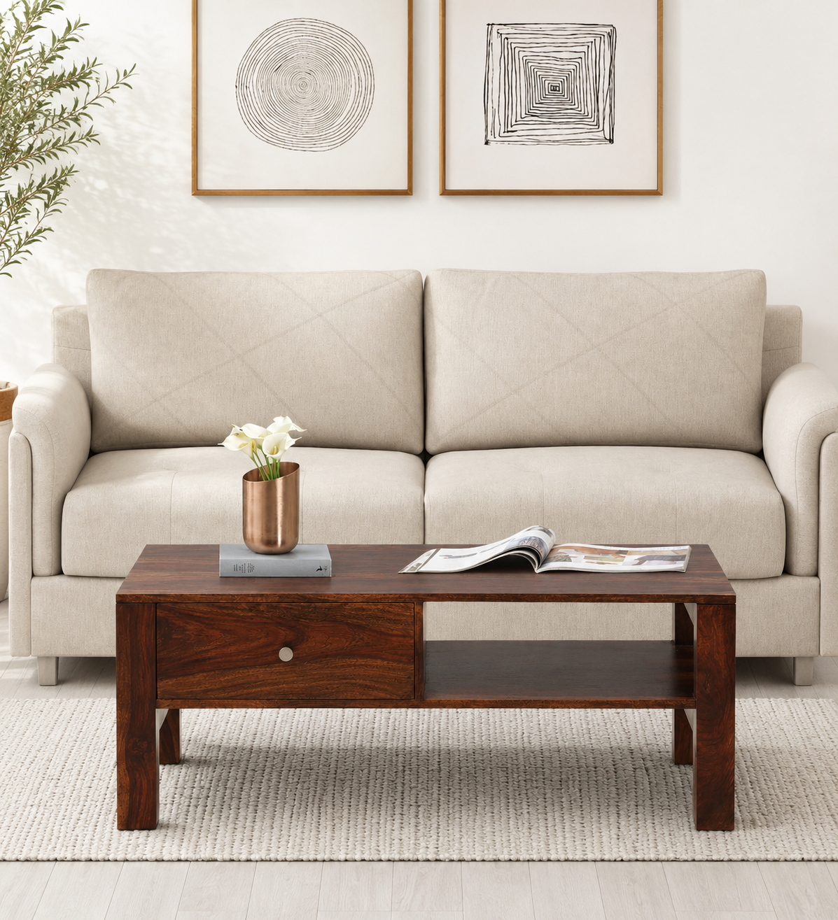 Elantra Solid Wood Coffee Table in Rustic Teak Finish