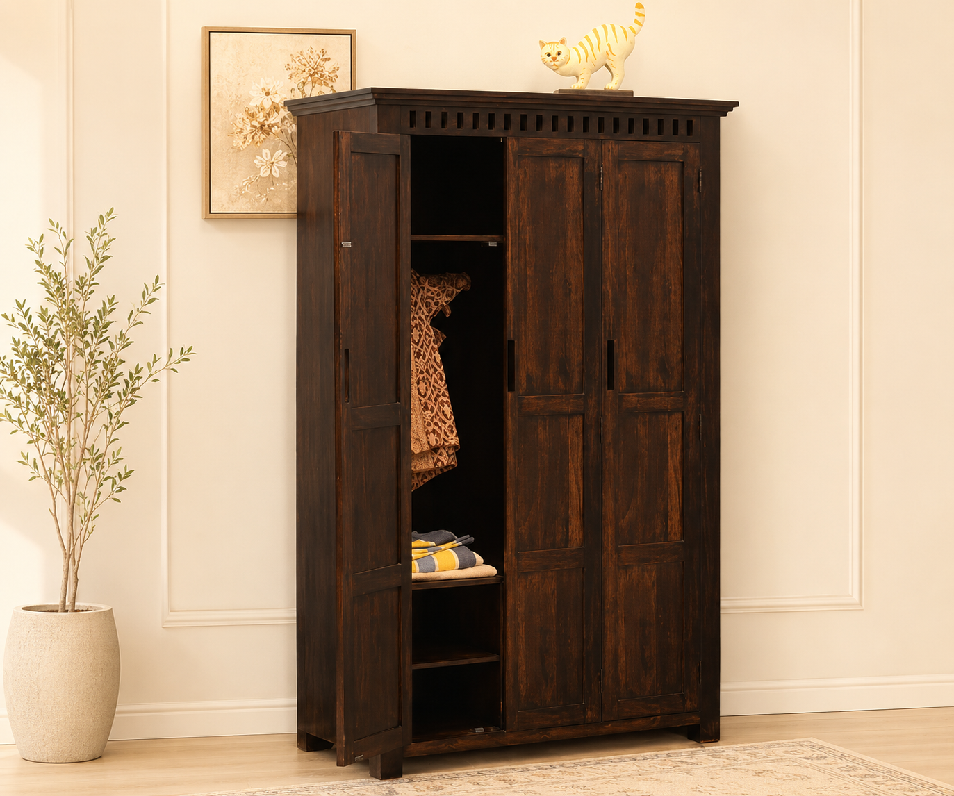 Elegant Sheesham Wood 3 Door Storage Almirah