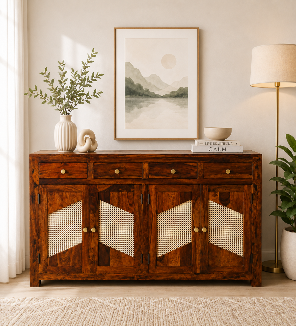 Elowen Solid Sheesham Wood Storage Cabinet in Honey Walnut Finish