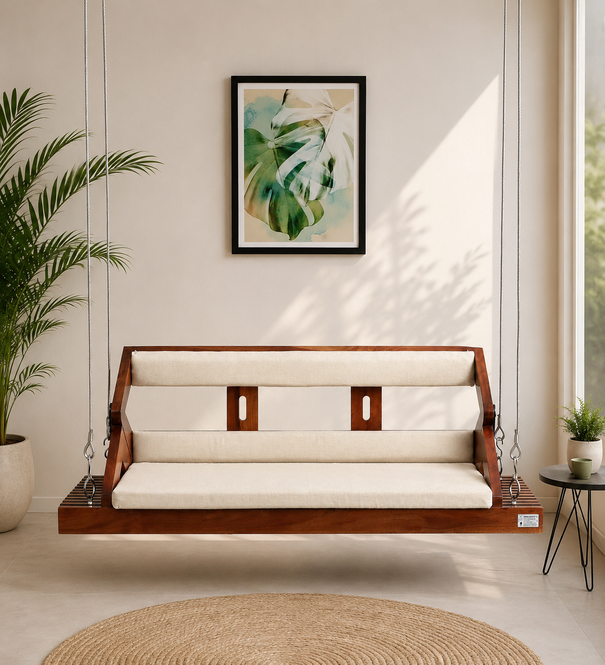 Elvanto Solid Wood Wooden Swing with Premium Upholstered Seating in Walnut Finish