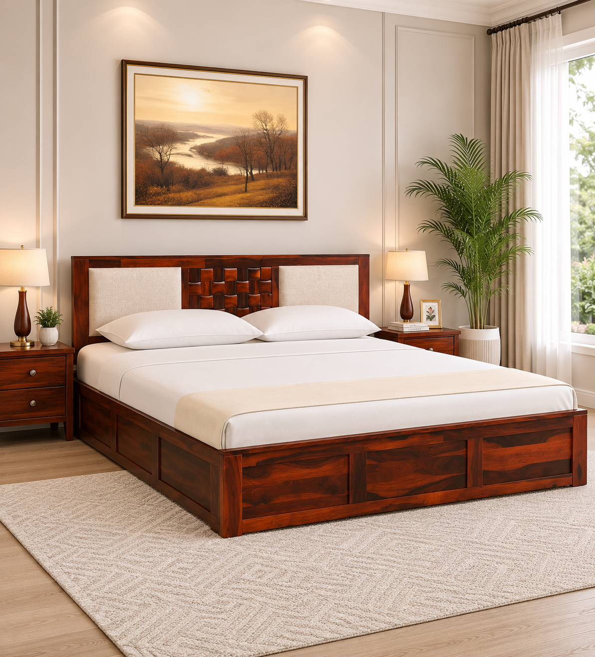Elviston Contemporary Solid Wood Double Bed with Premium Finish
