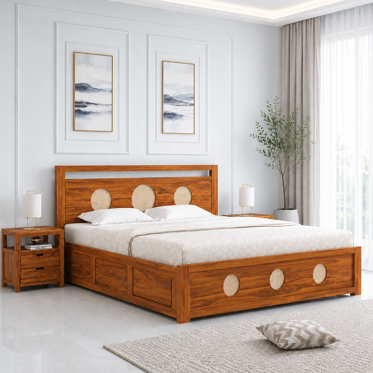 Elvora Premium Sheesham Wood Bed with Classic Wooden Frame in Natural Finish
