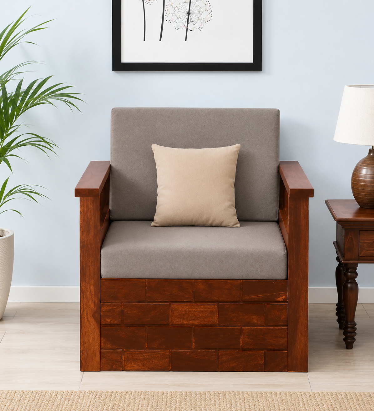 Elvora Sheesham Wood Comfort 1 Seater Sofa in Natural Teak Finish