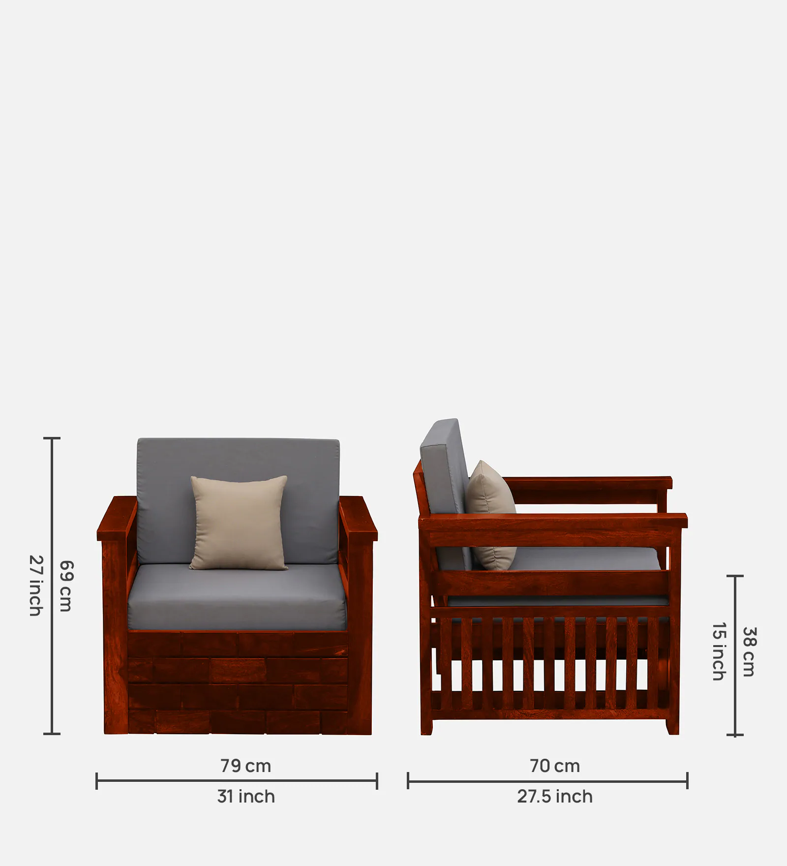 Elvora Sheesham Wood Comfort 1 Seater Sofa in Natural Teak Finish - Image 6