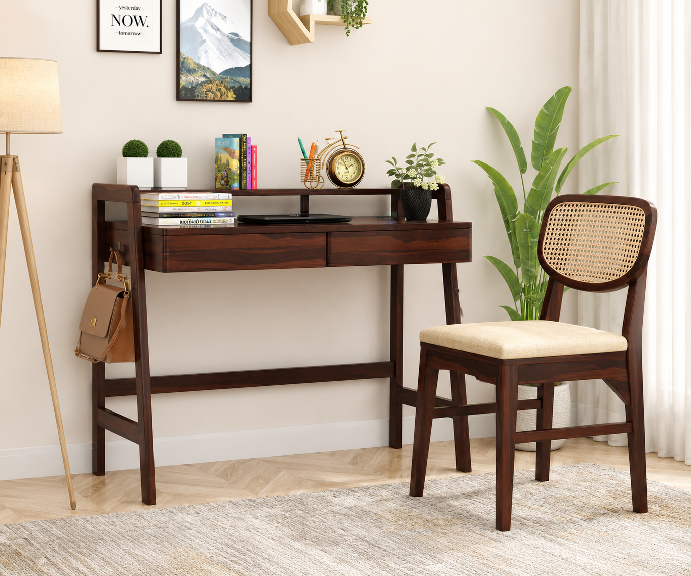 Elvora Solid Sheesham Wood Study Table with Spacious Worktop in Honey Oak Finish