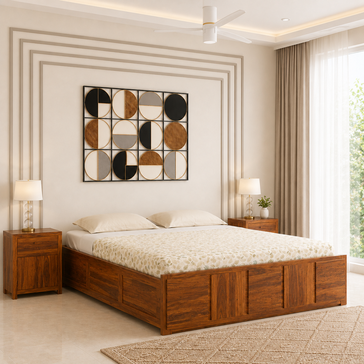 Evorik Solid Sheesham Wood Bed with Luxury Wooden Detailing in Walnut Finish
