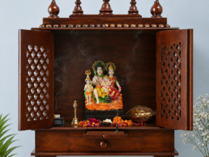 Grand Heritage Handcrafted Solid Wood Home Temple with Double Door Storage